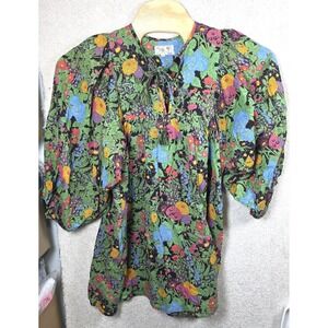 Mille Blouse Top Womens L Green Botanical Floral Puff Sleeve Boho Chic Tie Neck